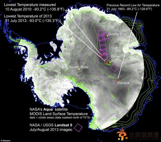 科学家通过遥感卫星发现地球最冷的地方就位于南极高原东部一个山脊附近。美国宇航局2013年12月9日公布的照片阐述了这个信息。