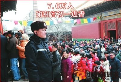 雍和宫内众多人排队进香。