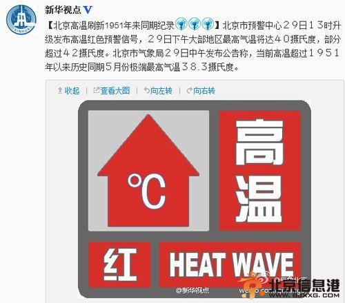 <a href='http://www.bjxxg.cn/news/beijing/' target='_blank'><u>北京</u></a>高温刷新1951年来同期纪录 红色预警信号发布