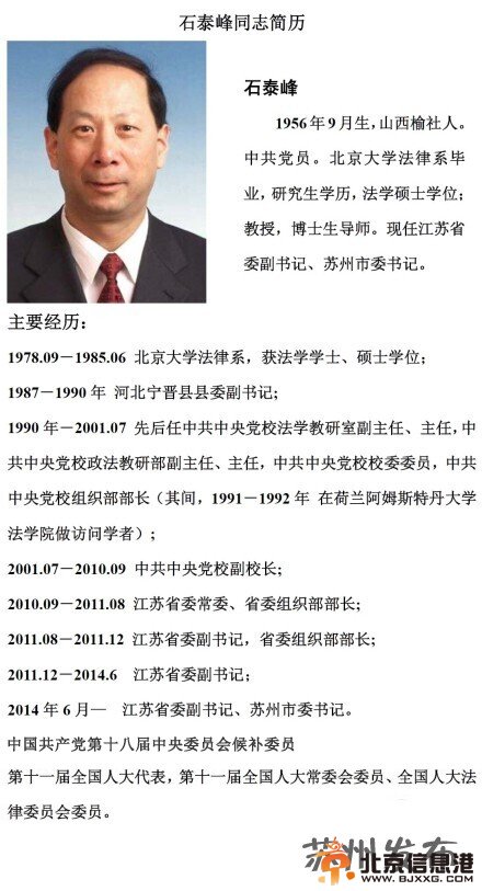 江苏省委副书记石泰峰兼任苏州市委书记【石泰峰简历】