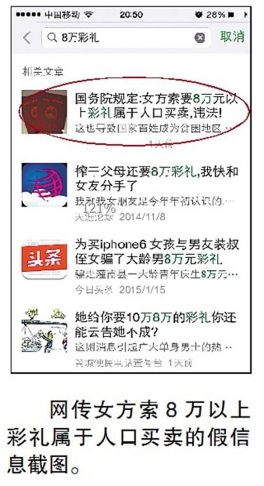 网传农村嫁女收彩礼超8万算买卖人口系谣言