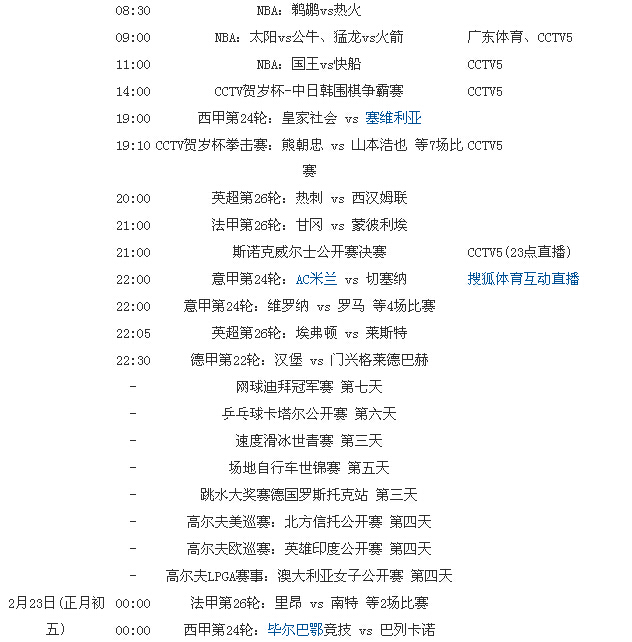 2015春节七天体坛赛程和转播表 欧冠亚冠斯诺克