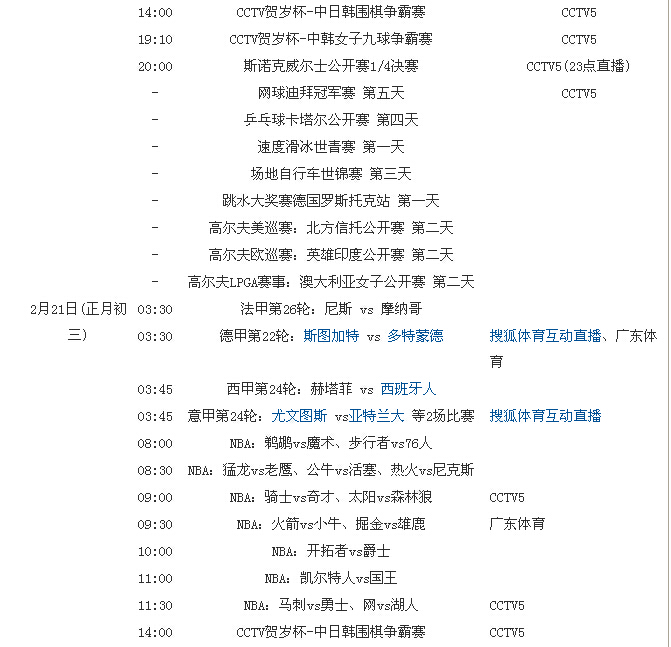 2015春节七天体坛赛程和转播表 欧冠亚冠斯诺克