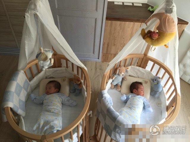 范玮琪双胞胎儿子躺圆形小床 一个睁眼一个闭眼